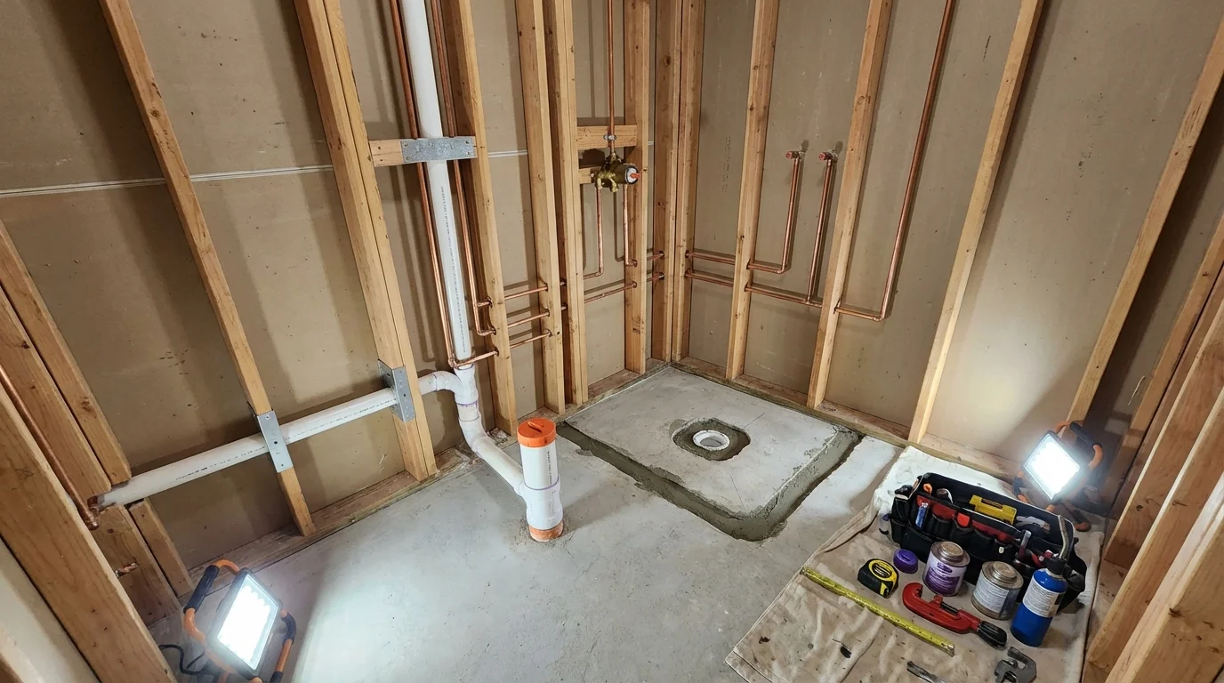 Bathroom rough-in plumbing during remodel by Johns Plumbing LLC in Los Molinos