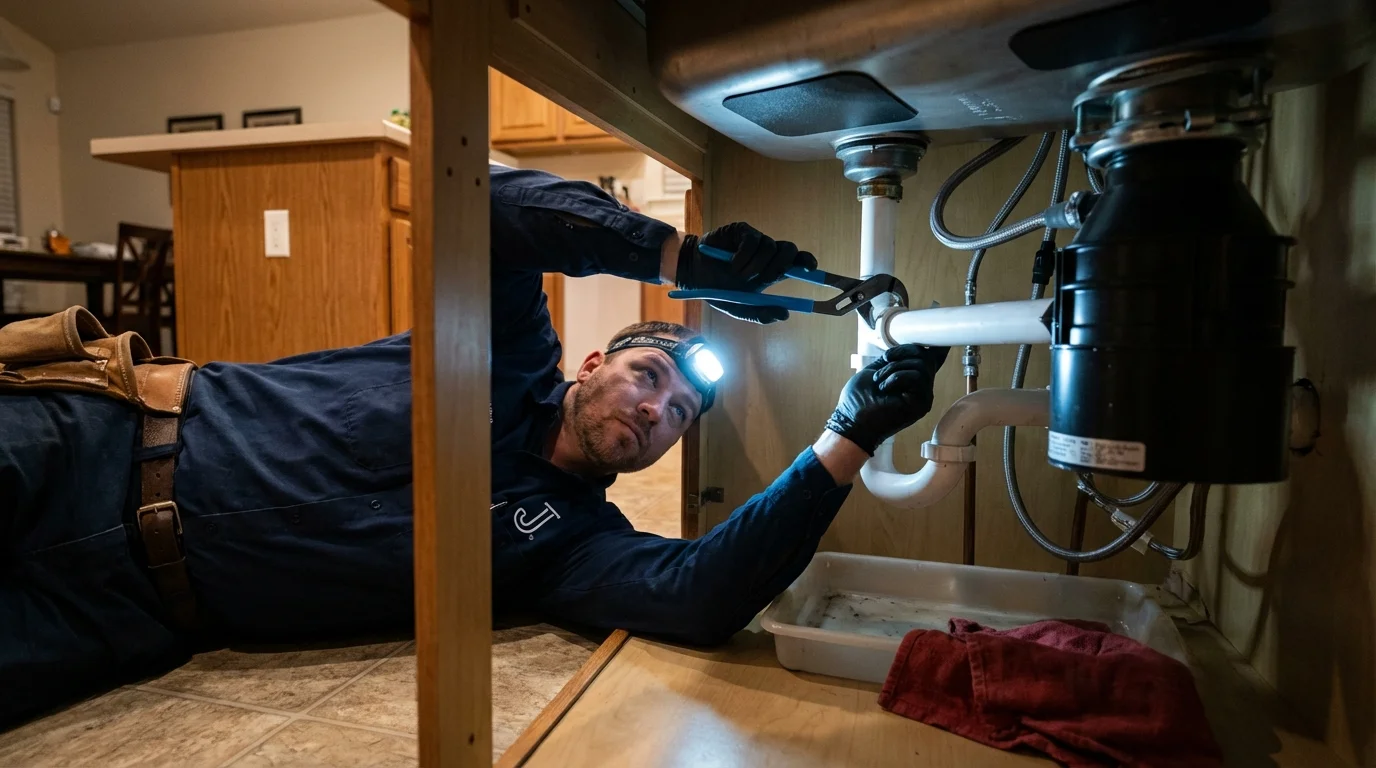 P-trap and supply line connections under a kitchen sink showing a common leak point in Los Molinos, CA